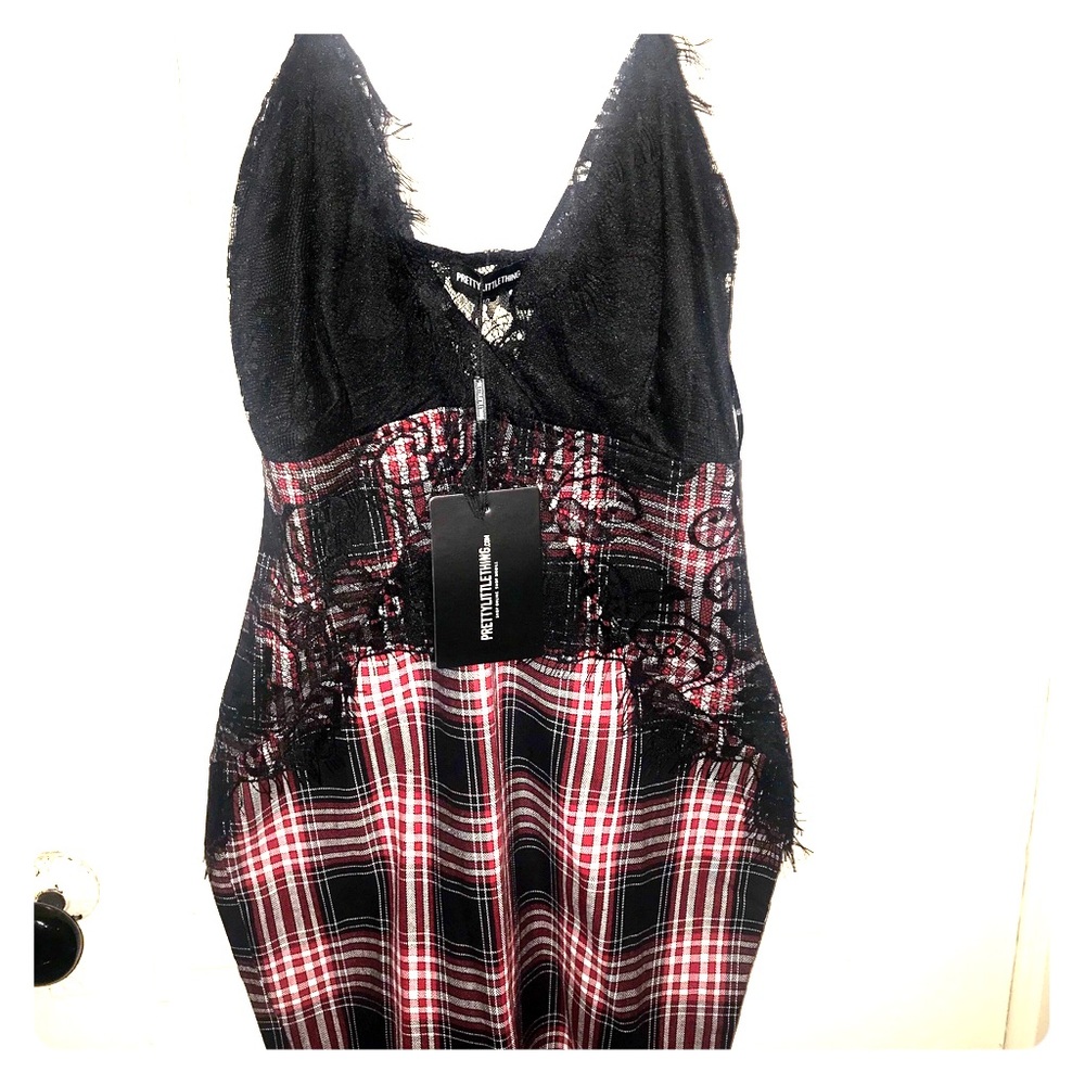PrettyLittleThing Lace and Check Strappy Dress